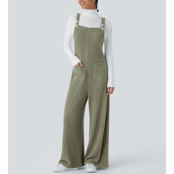 Halara Ribbed Knit Pockets Casual Overalls Sz Small Womens Moss Green Soft Cozy - Picture 1 of 12
